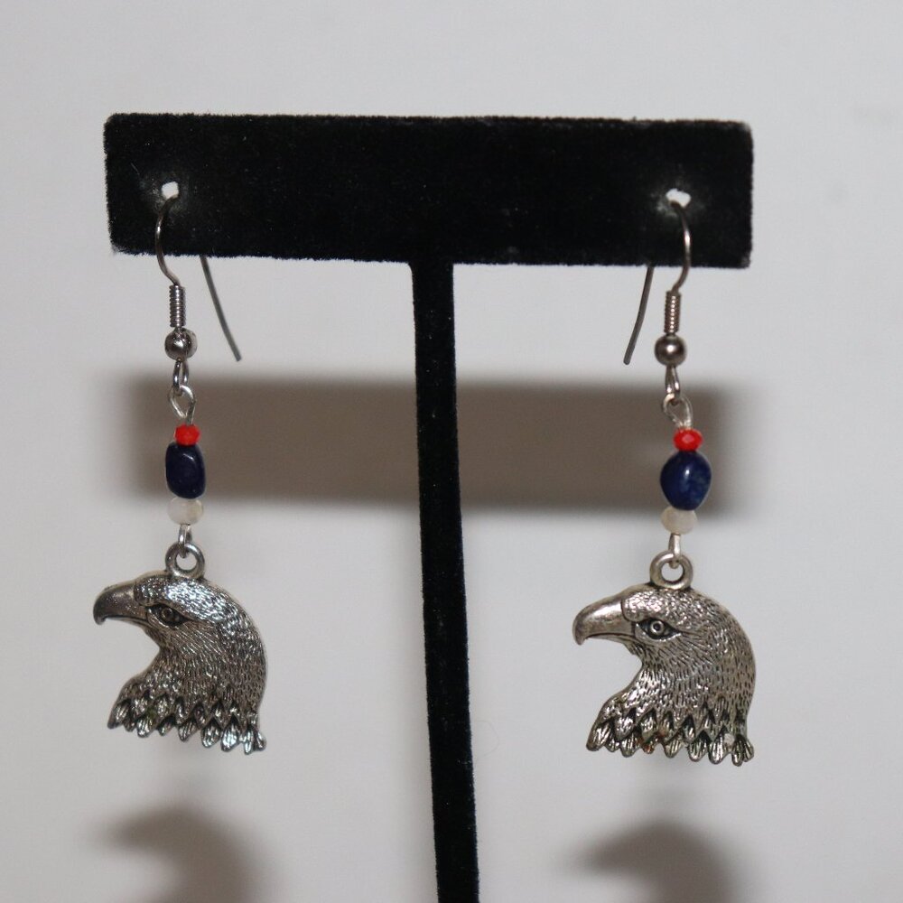 Silver Eagle & Red, White, Blue Beaded Dangle Earrings – 2.25" Patriotic Flair ·